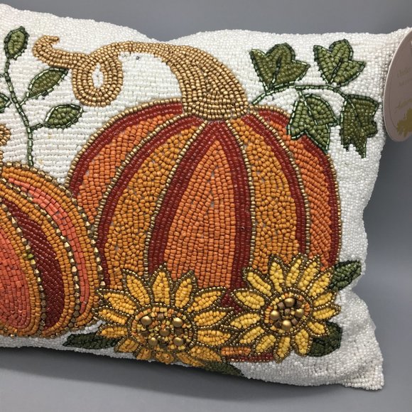 Autumn Hill Beaded Orange Pumpkin Sunflower Pillow Fall Thanksgiving Decor NEW - Picture 3 of 6